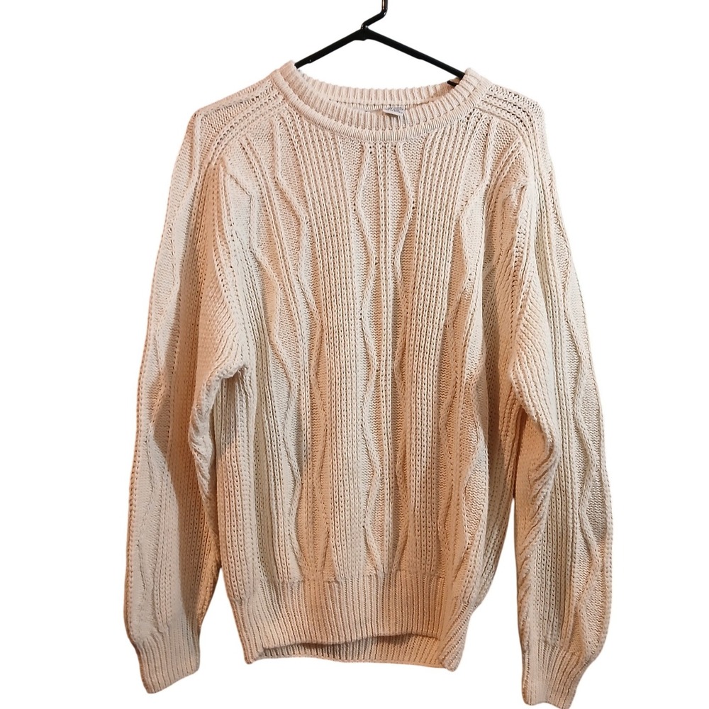 Vtg NWT 417 Van Heusen Mens Medium Cream Cable Knit Sweater Ramie Cotton Preppy